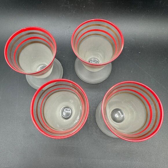 MCM Cordial Shot Glasses Frosted Footed Striped Red Gold Rimmed Set Vtg 1940s - Picture 2 of 12